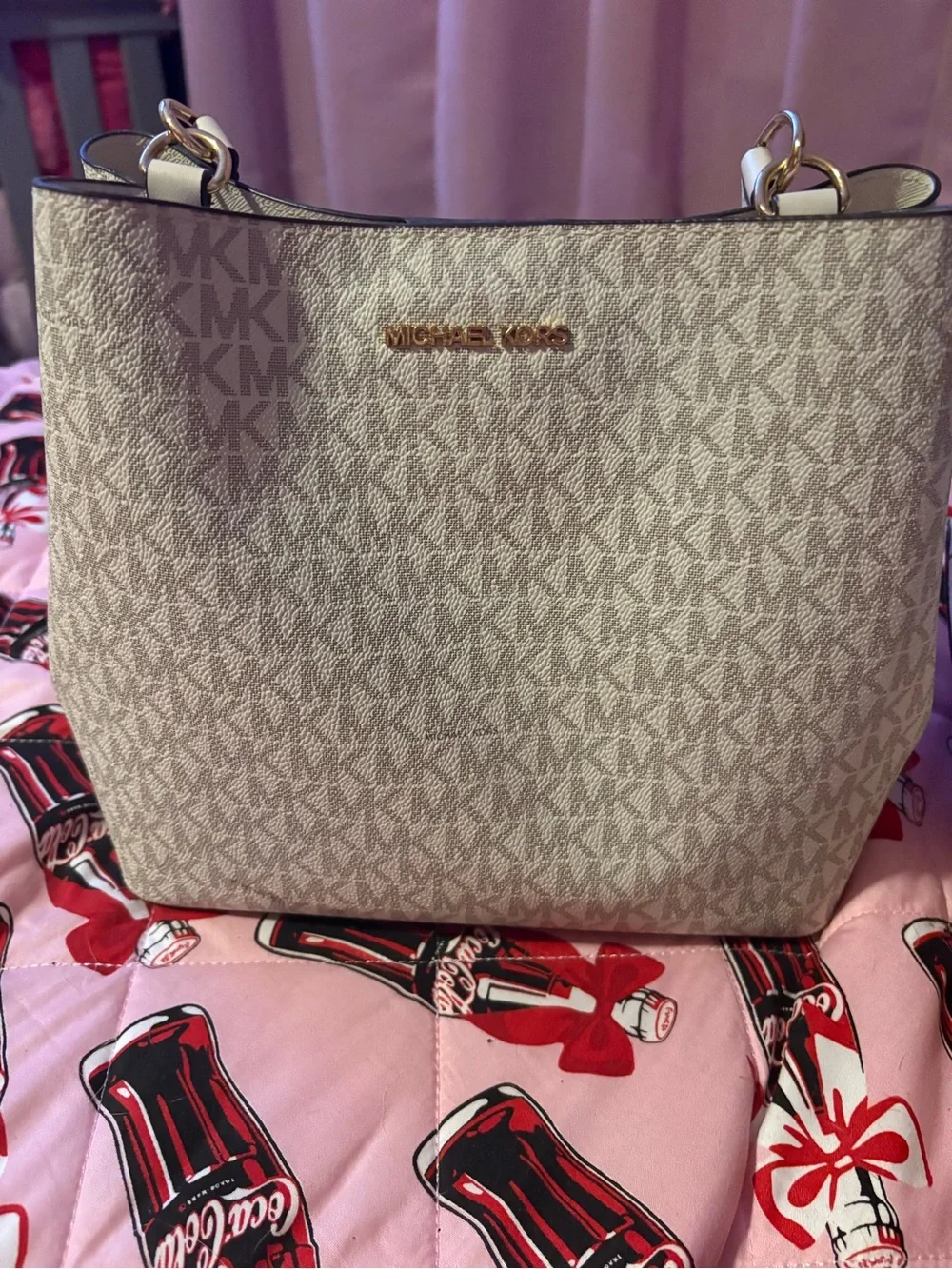 Michael Kors Signature Logo Tote in Beige and White with Gold Hardware